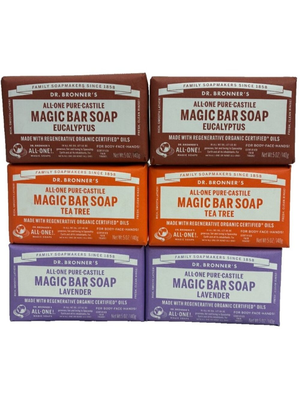 Dr Bronner’s Pure Castile Bar Soap 6 Pack Lavender Tea Tree Eucalyptus 5oz
